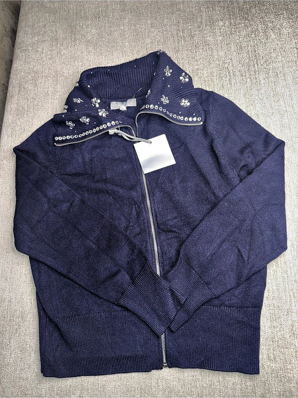 Marled Reunited Clothing Navy Rhinestone Zip Sweater Women’s M NWT
